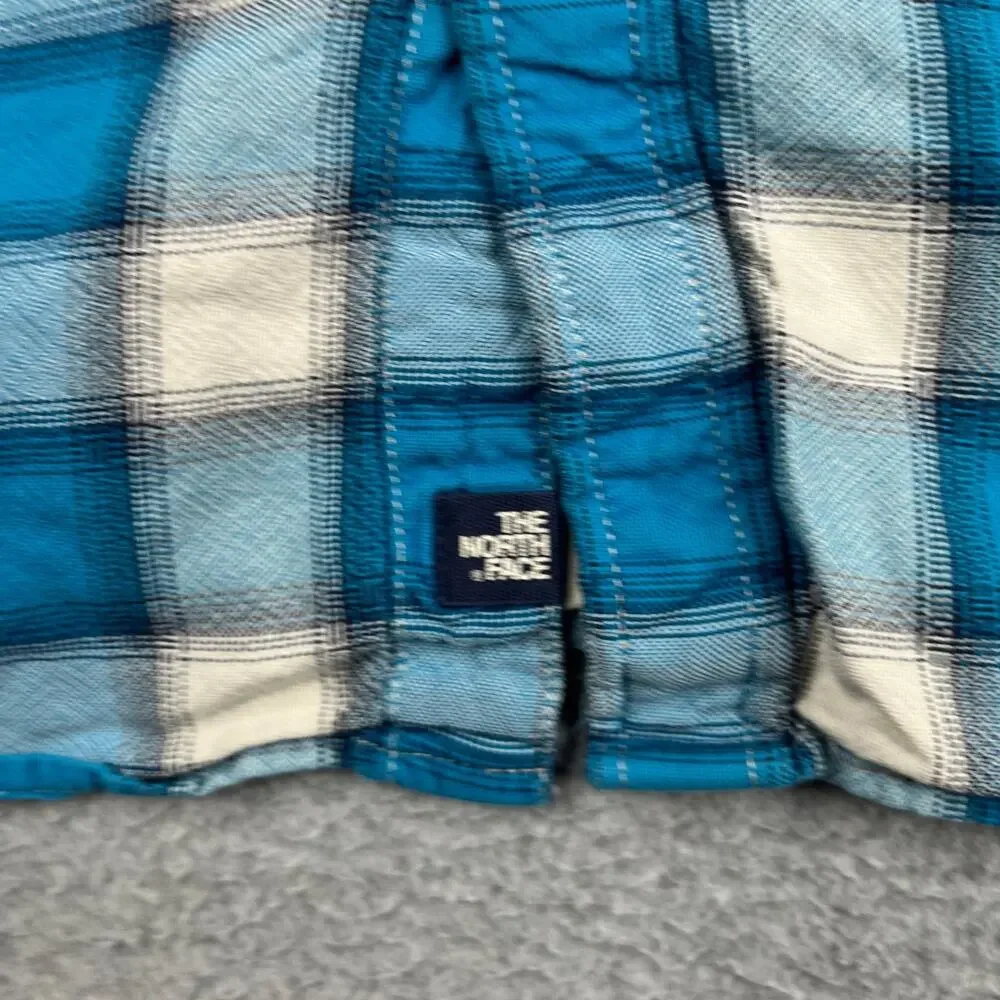 The North Face Shirt Teal White Check Casual Pocket Button Up Short Sleeve L